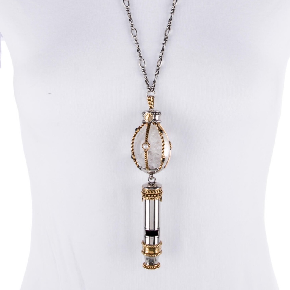 ALEXANDER McQUEEN Silver Brass Pearl Rock Crystal Whistle Pendant Necklace RARE! - Picture 2 of 6